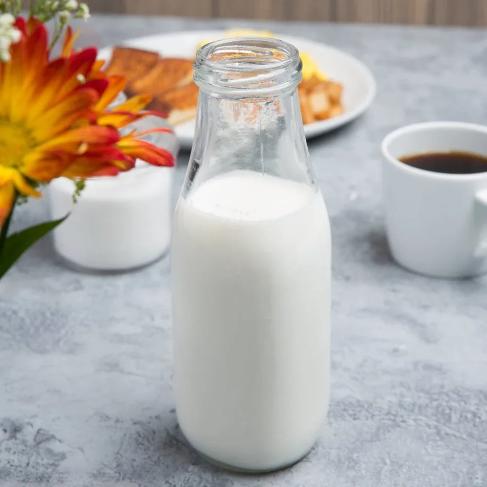Set of 4 ~ 14 oz Glass Milk Bottle with White Lid